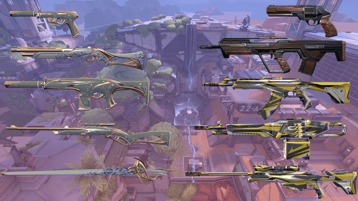 This image features all the weapons coming to VALORANT in the upcoming Episode 3 Act 2 battle pass