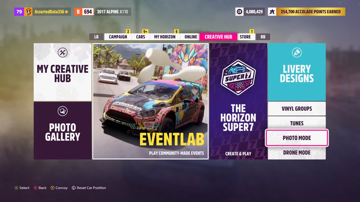 The Creative Hub menu in Forza Horizon 5, highlighting the Photo Mode