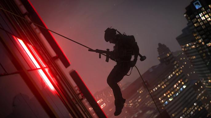 Image showing Modern Warfare 2 player scaling skyscraper in darkness