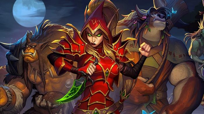 A druid, a rogue, and a warrior in Android multiplayer game, Hearthstone.