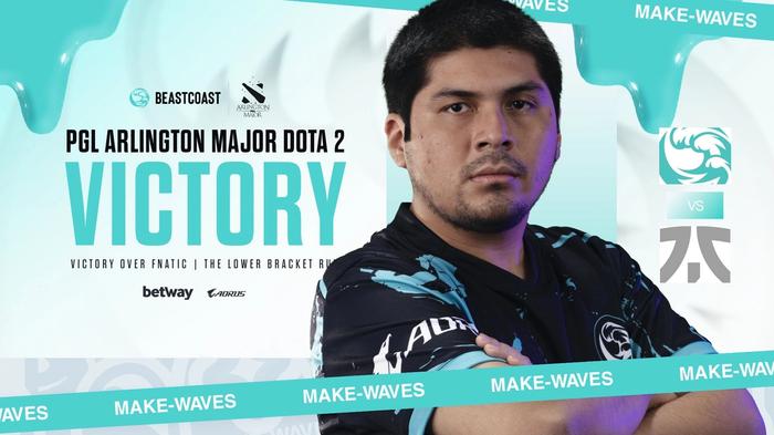 Image that shows a Beastcoast team member with the text "Victory over Fnatic"