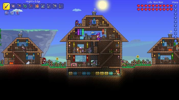 A player base built on land in Terraria.