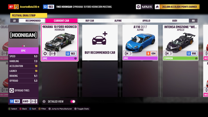 The Hoonicorn V2 car highlighted in the 'Change Car' menu of Forza Horizon 5
