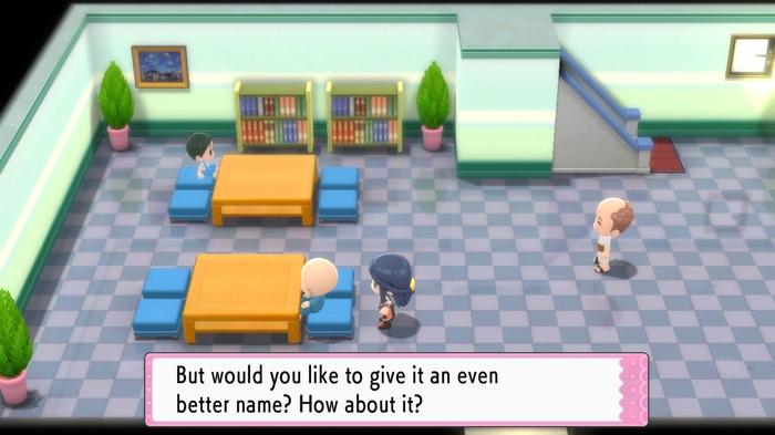 A Pokémon Trainer speaking with the elderly man, known as the Name Rater, in Eterna City's Condominiums, to change a Pokémon nickname in Pokémon Brilliant Diamond and Shining Pearl.