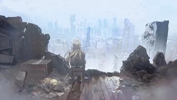 Image of a character looking over a war-torn city in Counterside.