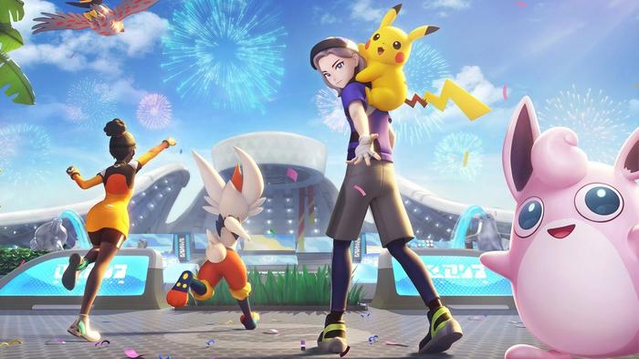 Trainers with their Pokemon, including Pikachu and Wigglytuff, head into a Pokemon Unite stadium
