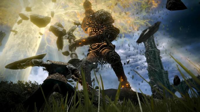 A player faces a heavily-armoured boss in Elden Ring.