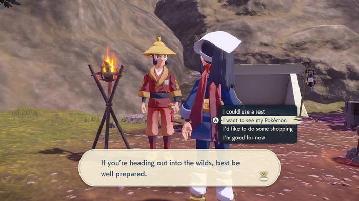 A player speaks with an NPC at the Obsidian Fieldlands Base Camp to change and switch their Pokémon party in Pokémon Legends: Arceus.