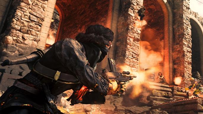 Image showing Warzone players fighting near exploding archway