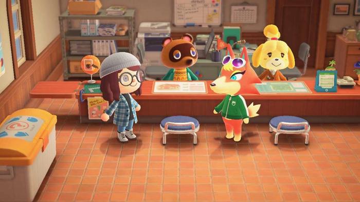 Animal Crossing New Horizons Happy Home Paradise. The player is in resident services with Tom Nook, Audie and Isabelle. From left to right, the player, Tom Nook, Audie and Isabelle.
