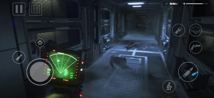 Using the radar in a corridor with bodies in Alien: Isolation mobile.