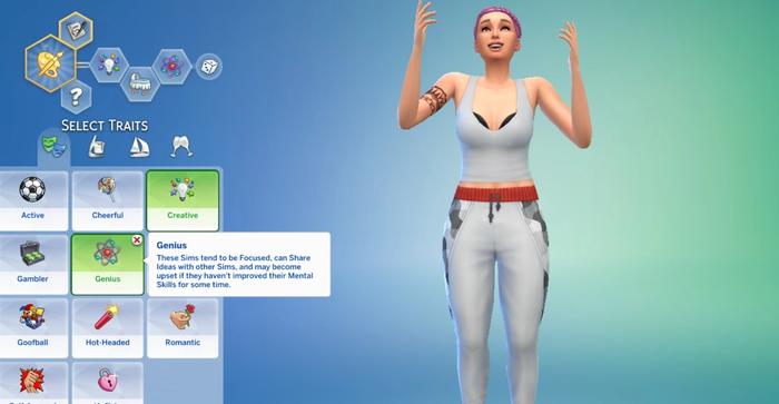 Sims 4 Trait Options In Create-A-Sim. The Genius trait has been highlighted and the Sim on the right is gesturing about the trait. 