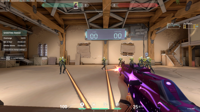 Valorant player aiming at practice bots with the Minimal crosshair.