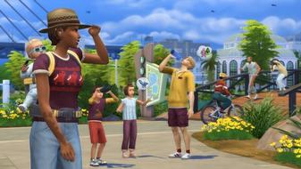 Multiple characters walking in a sunny park in Sims 4.