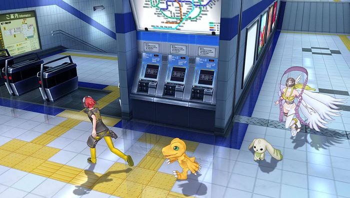A woman is running through a subway. She is followed by three Digimon.