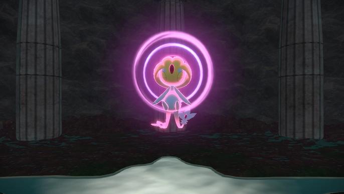 Legendary Pokémon, Uxie, holding the eye puzzle trial in Lake Acuity cavern in Alabaster Icelands in Pokémon Legends: Arceus.