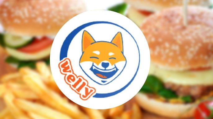 Welly Shiba Inu logo in front of burger and fries.