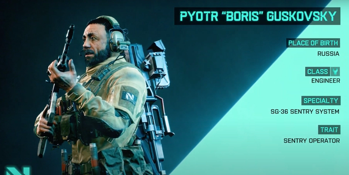 Battlefield 2042 specialist Boris with his information. Place of Birth: Russia, Class: Engineer, Speciality: SG-36 Sentry System, Trait: Sentry Operator.