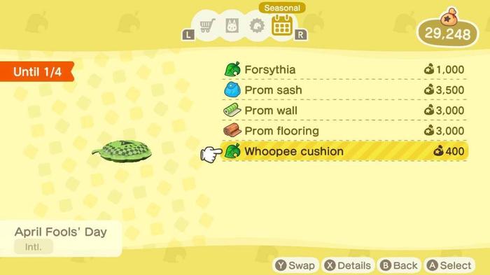 Animal Crossing New Horizons. Nook Shopping Screen. The screen is showing Seasonal Items and the whoopee Cushion is selected.