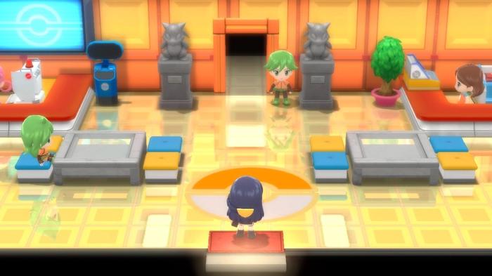 A Pokémon Trainer standing inside the Pokémon League building in Pokémon Brilliant Diamond and Shining Pearl.