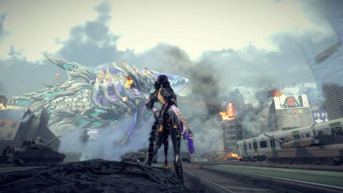Bayonetta against a backdrop of a destroyed city