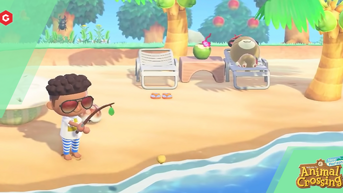 A player is on the decorated beach of their island trying to fish while a resident sunbathes.