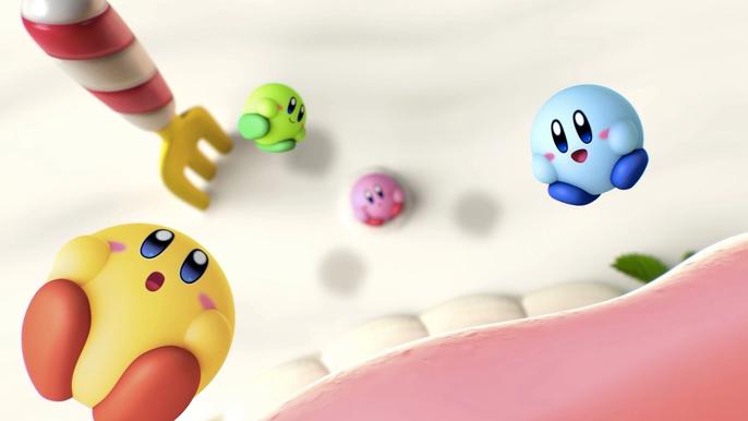 Image of four characters bouncing in Kirby's Dream Buffet