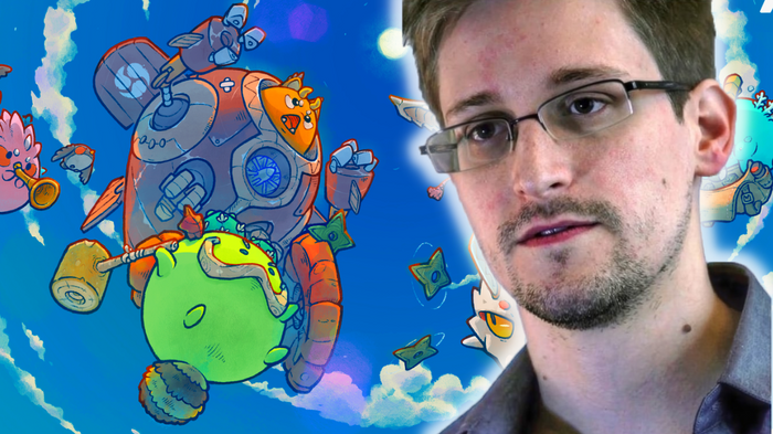 Image of Edward Snowden in front Axie Infinity characters falling from the sky.