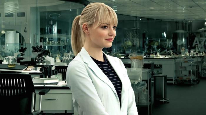 Gwen Stacy is in the Oscorp lab.