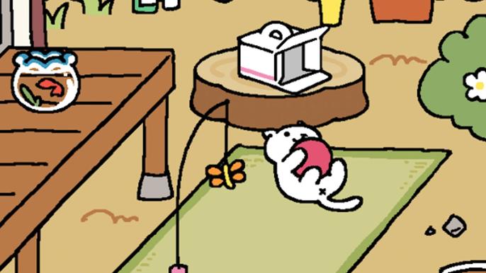 Screenshot from Neko Atsume, showing a white cat rolling on a mat with a rubber ball