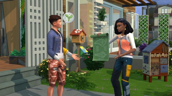 Sims 4 Eco Living. Neighbours discussing community plans.