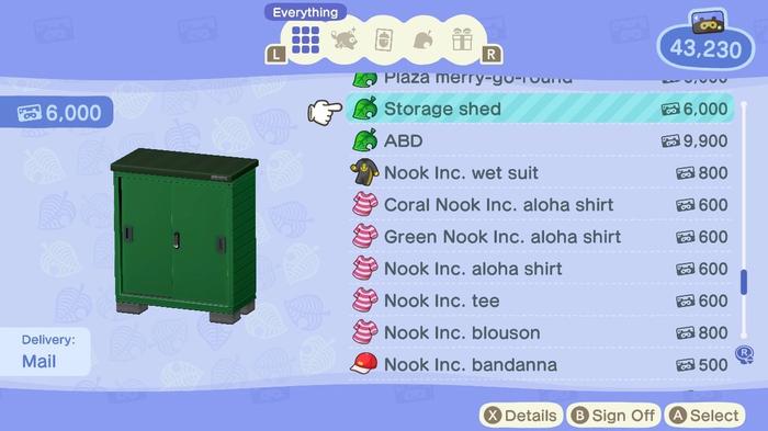 The Storage Shed at the Nook Stop Terminal in the Resident Services Building in Animal Crossing: New Horizons.