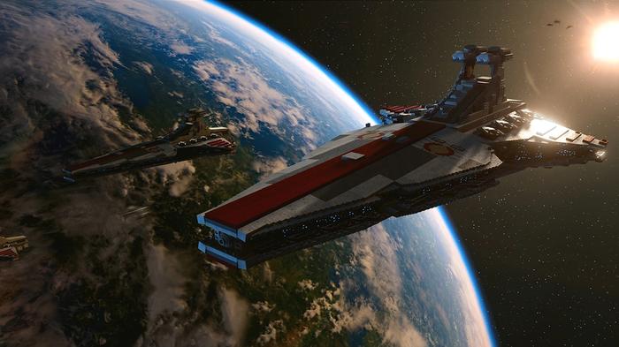 A spaceship hovers above a planet in Lego Star Wars: The Skywalker Saga
