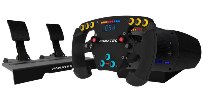 best racing wheel, product image of a black, F1 style racing wheel with base and pedals