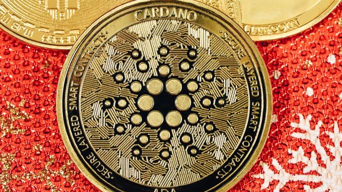 Cardano token displayed on a red background