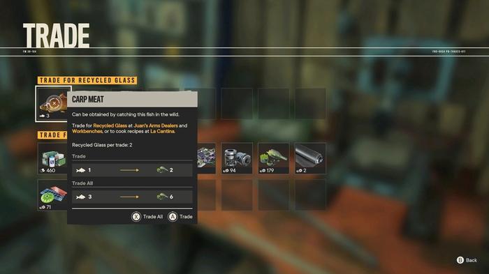 A player trading carp meat for resources in Far Cry 6.