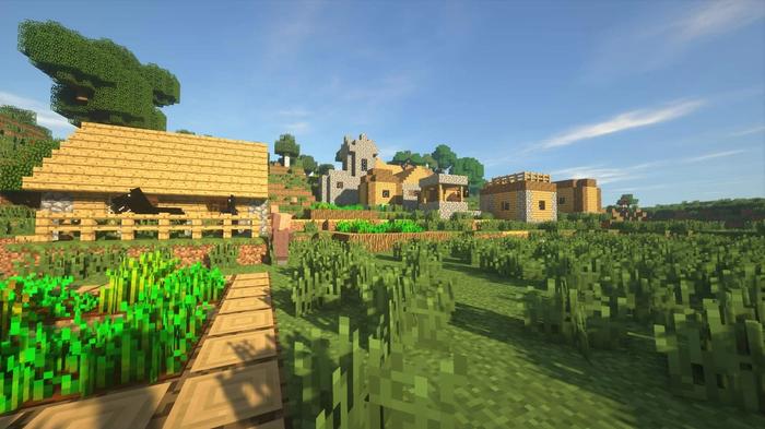 field of crops in Minecraft with shaders on