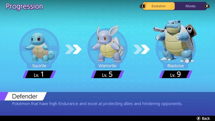 The progression screen showing the level at which Blastoise evolves in Pokémon Unite.