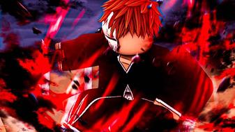 A Roblox anime character surrounded by red flames in Soul War.