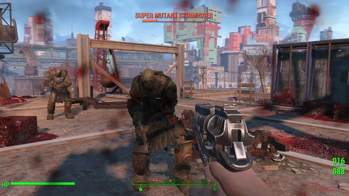 The Lone Wanderer is taking on a huge enemy, the Super Mutant Skirmisher, with only a pistol.