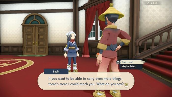 A player is upgrading their Satchel's inventory space by speaking with Bagin in the Galaxy Hall of Pokémon Legends: Arceus.