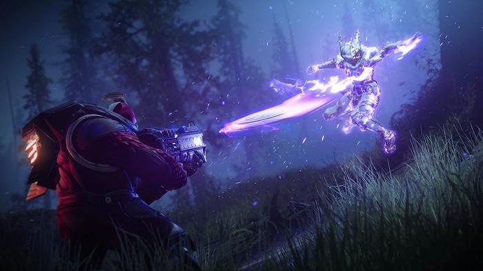 Image from Destiny 2 showing a Sentinel Guardian unleashing a Void shield throw at a Cabal enemy.