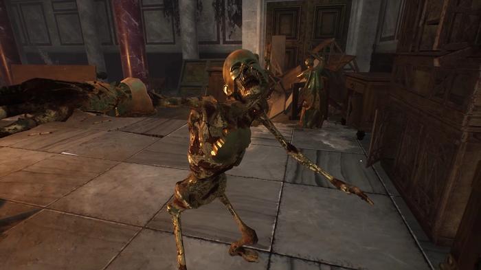 The Forgotten City. A peeled statue, half gold and half flesh. The peeled statue is lunging for the player. There are solid gold statues in the background.
