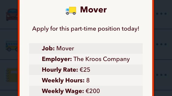 Screenshot from BitLife, showing the application screen for a part-time job, detailing the role, weekly hours, and salary