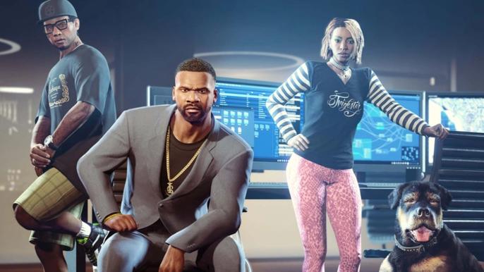 GTA Online The Contract DLC update. From left to right, Lamar, Franklin, Imani and Chop inside The Agency