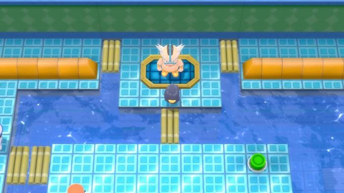 A Pokémon Trainer directly facing Crasher Wake of Pastoria City Gym in Pokémon Brilliant Diamond and Shining Pearl.