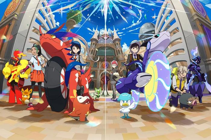 Pokemon Scarlet and Violet art showing trainers and Pokemon from both games