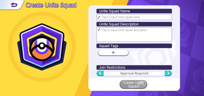 A menu showing the options for creating a Pokémon Unite squad.
