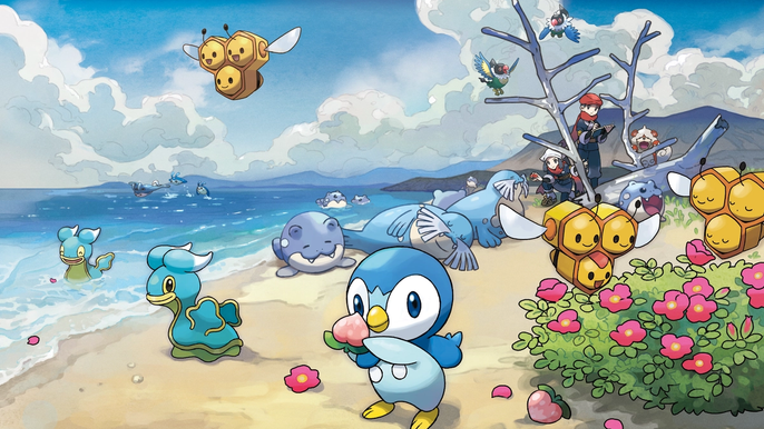 Pokemon Legends: Arceus artwork that shows Shellos, Piplup, Combee Growlithe, Spheal, Sealeo, and Chatot.  