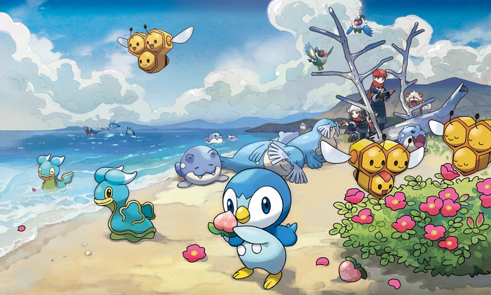 Pokemon Legends: Arceus artwork that shows Shellos, Piplup, Combee Growlithe, Spheal, Sealeo, and Chatot.  